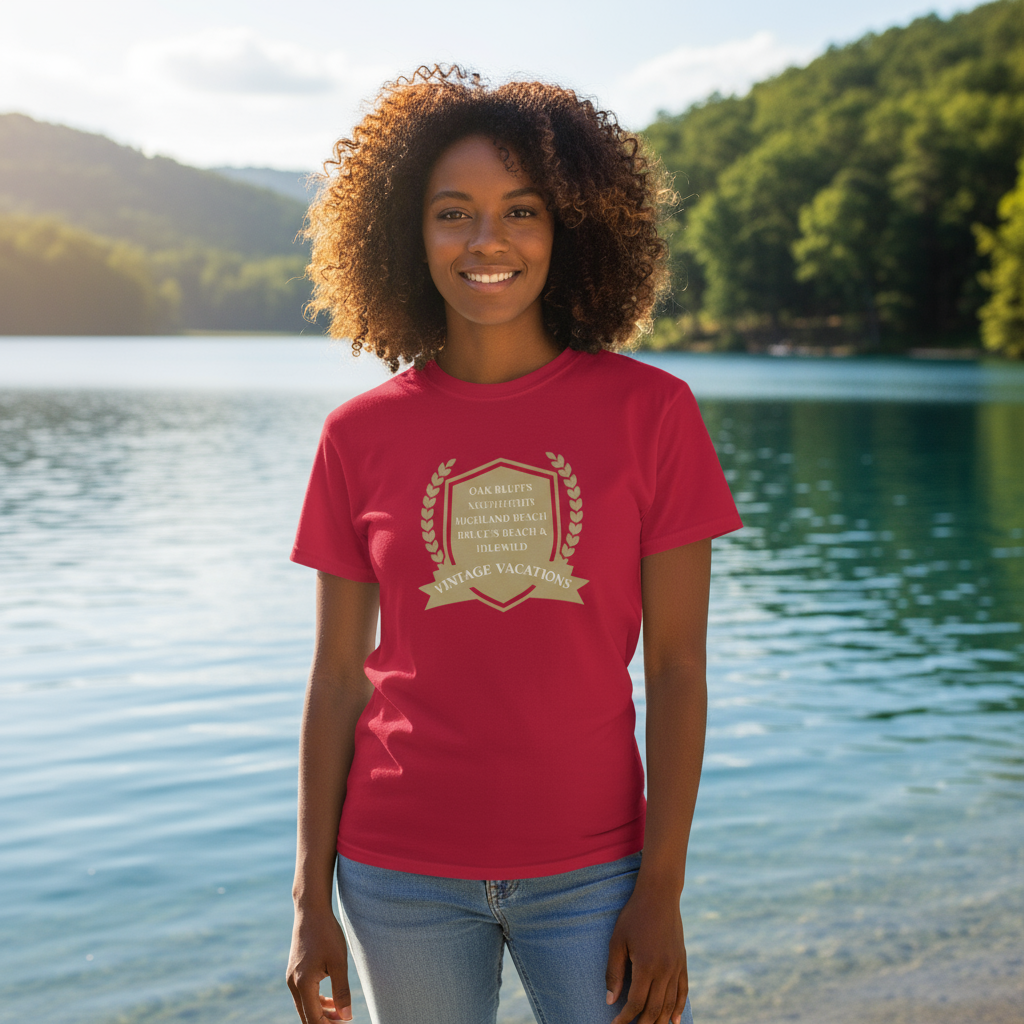 Woman wearing a red t-shirt with a logo standing by a lake