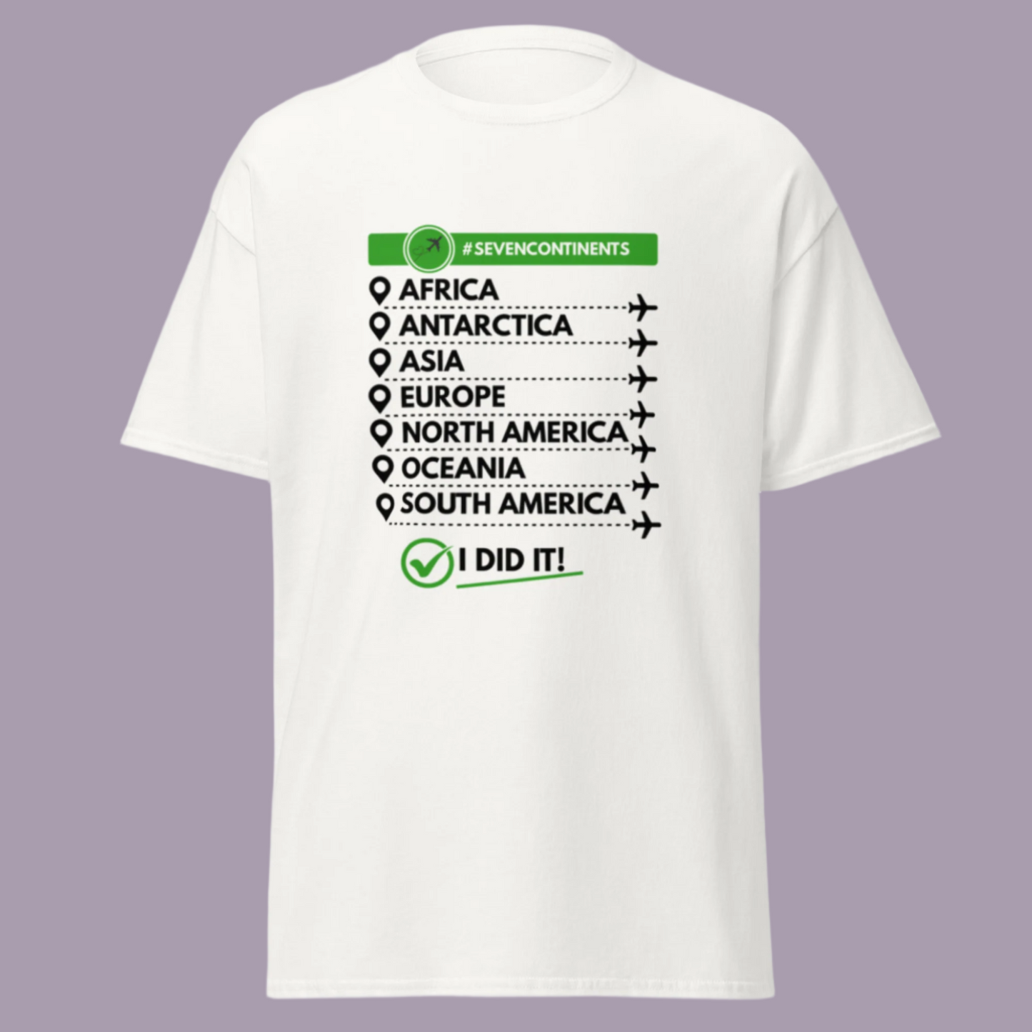 Whitet-shirt with seven continents checklist