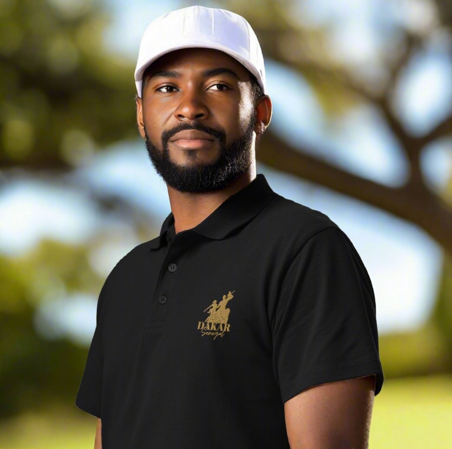 Black man wearing black polo shirt with gold embroidered design
