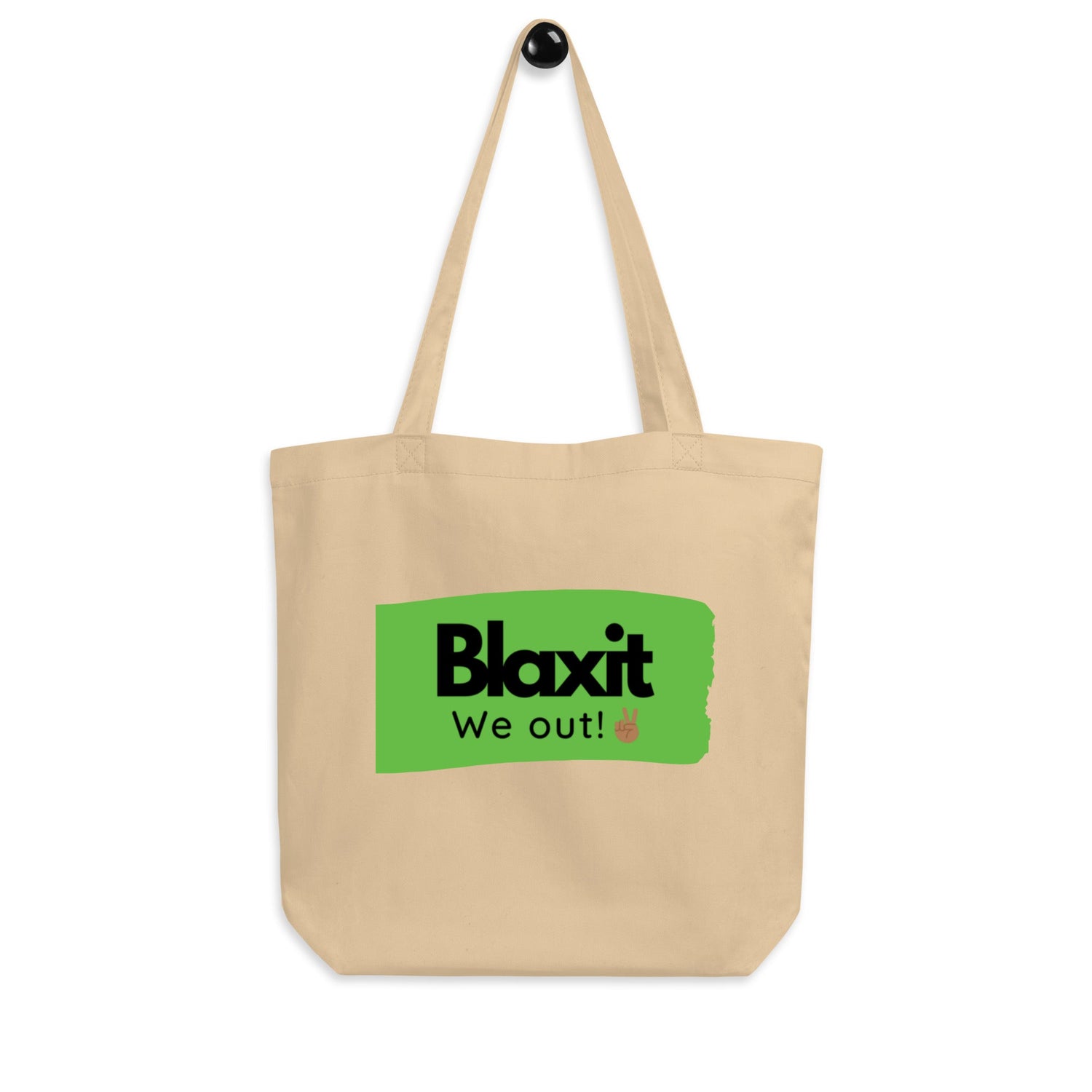 Tan tote bay with slogan Blaxit, we out, peace sign emoji