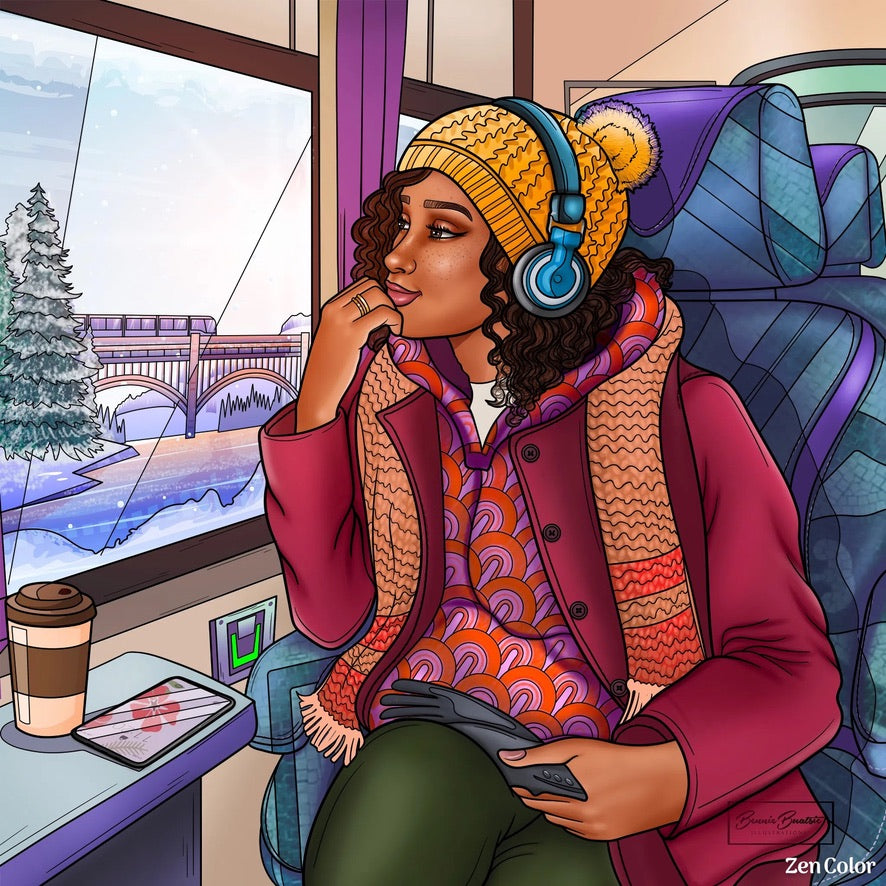 Person sitting on a train wearing headphones and a colorful scarf, with a snowy landscape outside the window.