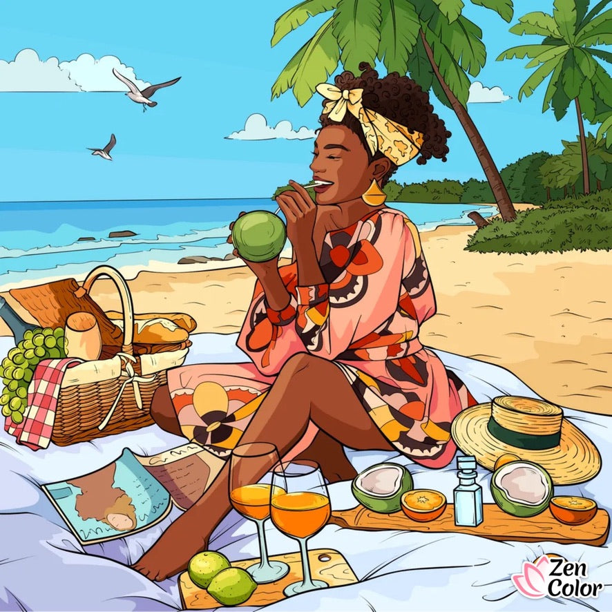 Woman enjoying a picnic on a beach with palm trees and ocean view. Zen Color app image