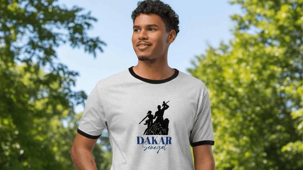 Person wearing the African Renaissance Monument ringer t-shirt design outdoors