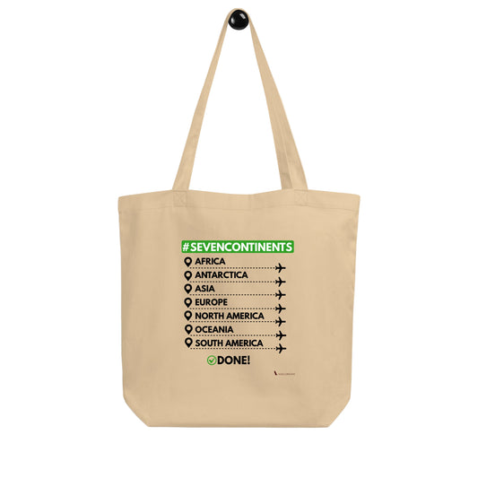 Beige tote bag with '#SevenContinents' text and continent names on a white background