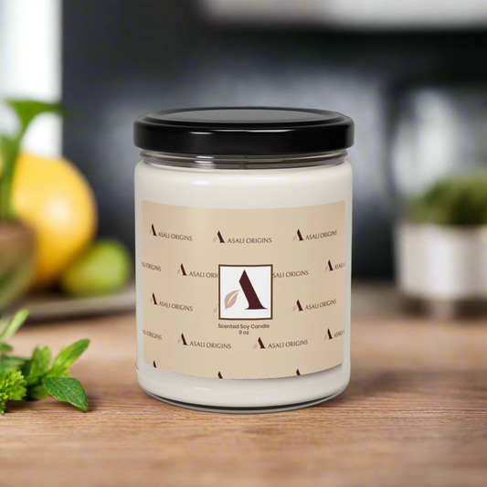 Candle jar with a label on a wooden surface, blurred background