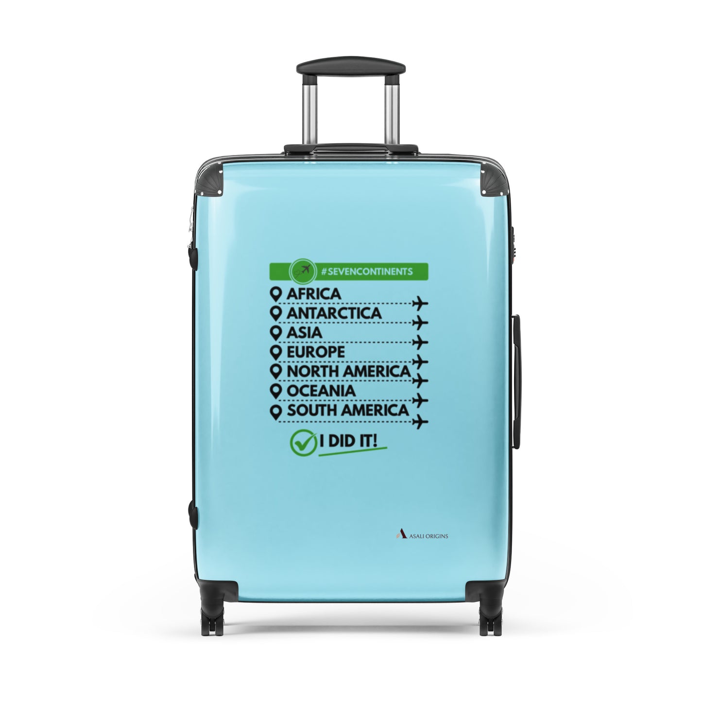 large-sized suitcase with seven continents checklist