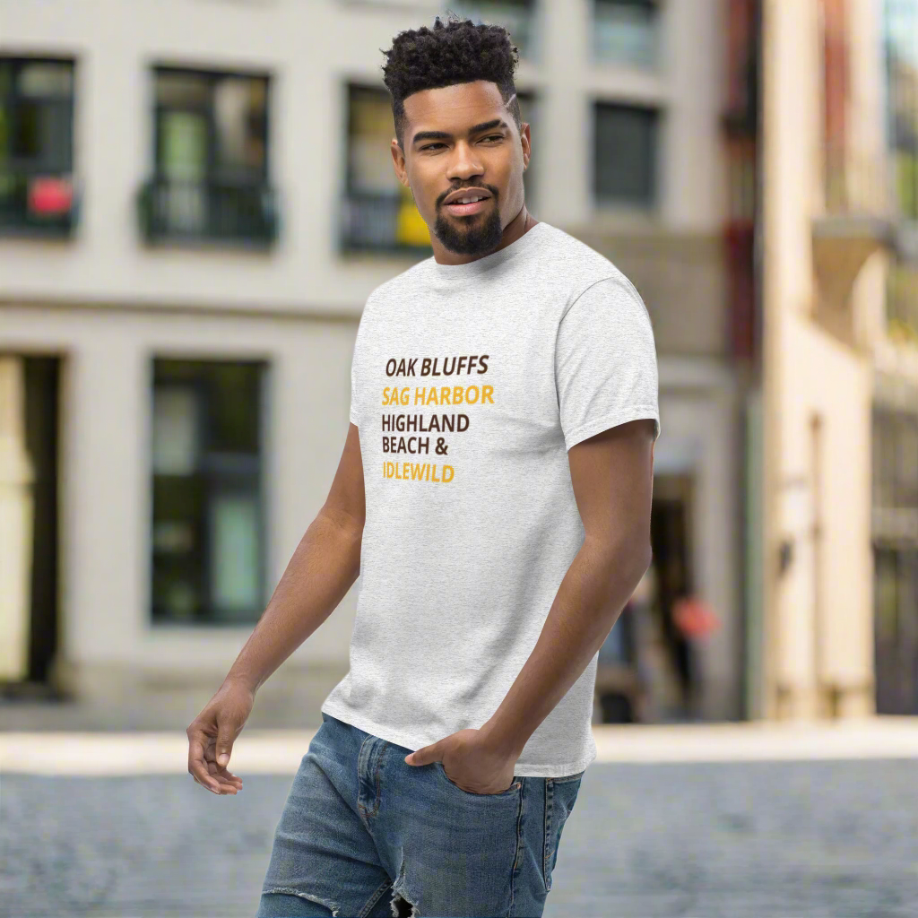 man wearing gray t-shirt with brown and gold colors