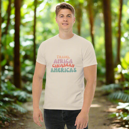 Man wearing a beige t-shirt with 'Travel Africa Caribbean Americas' text on a white background