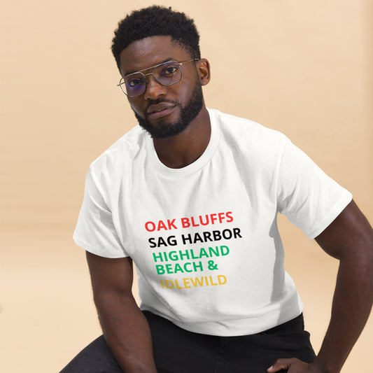 Black man wearing Asali Origins historic Black vacations spots t-shirt