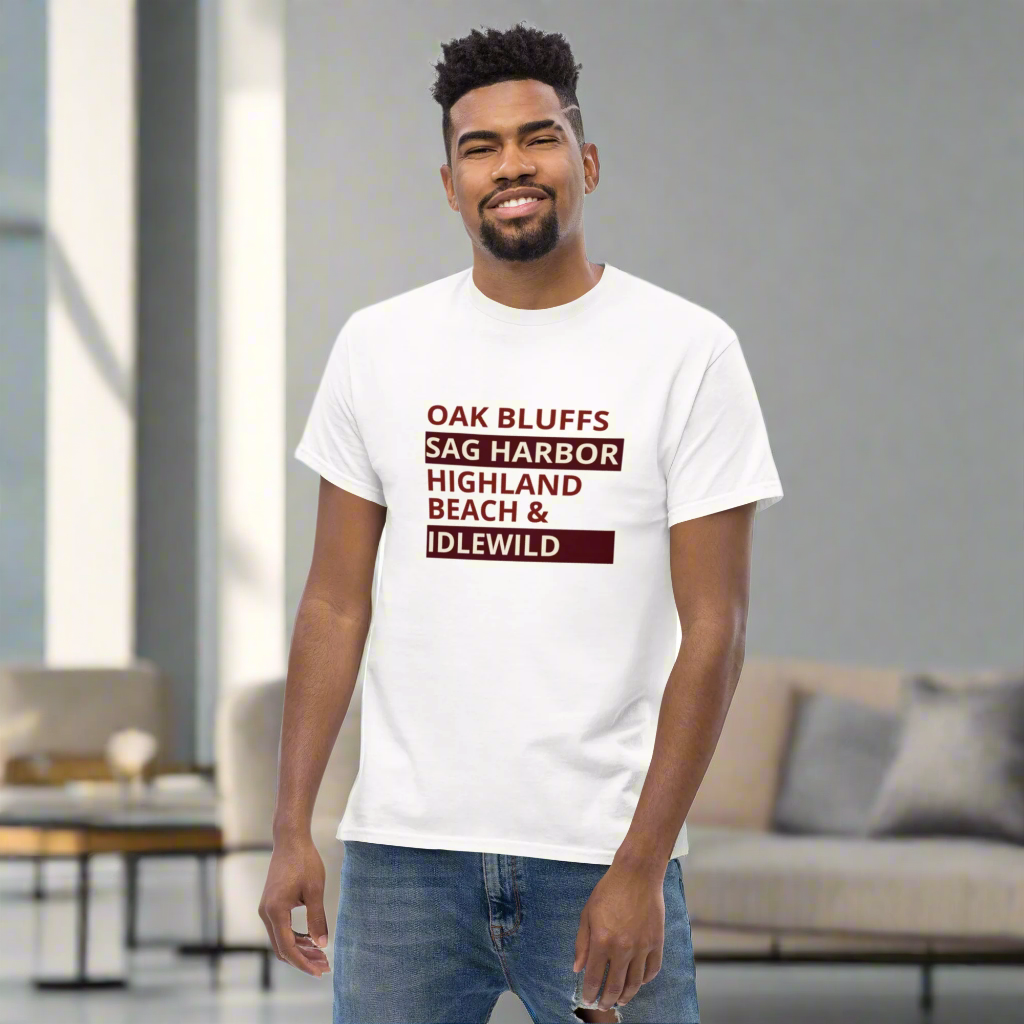 Man wearing a white t-shirt with text on a white background