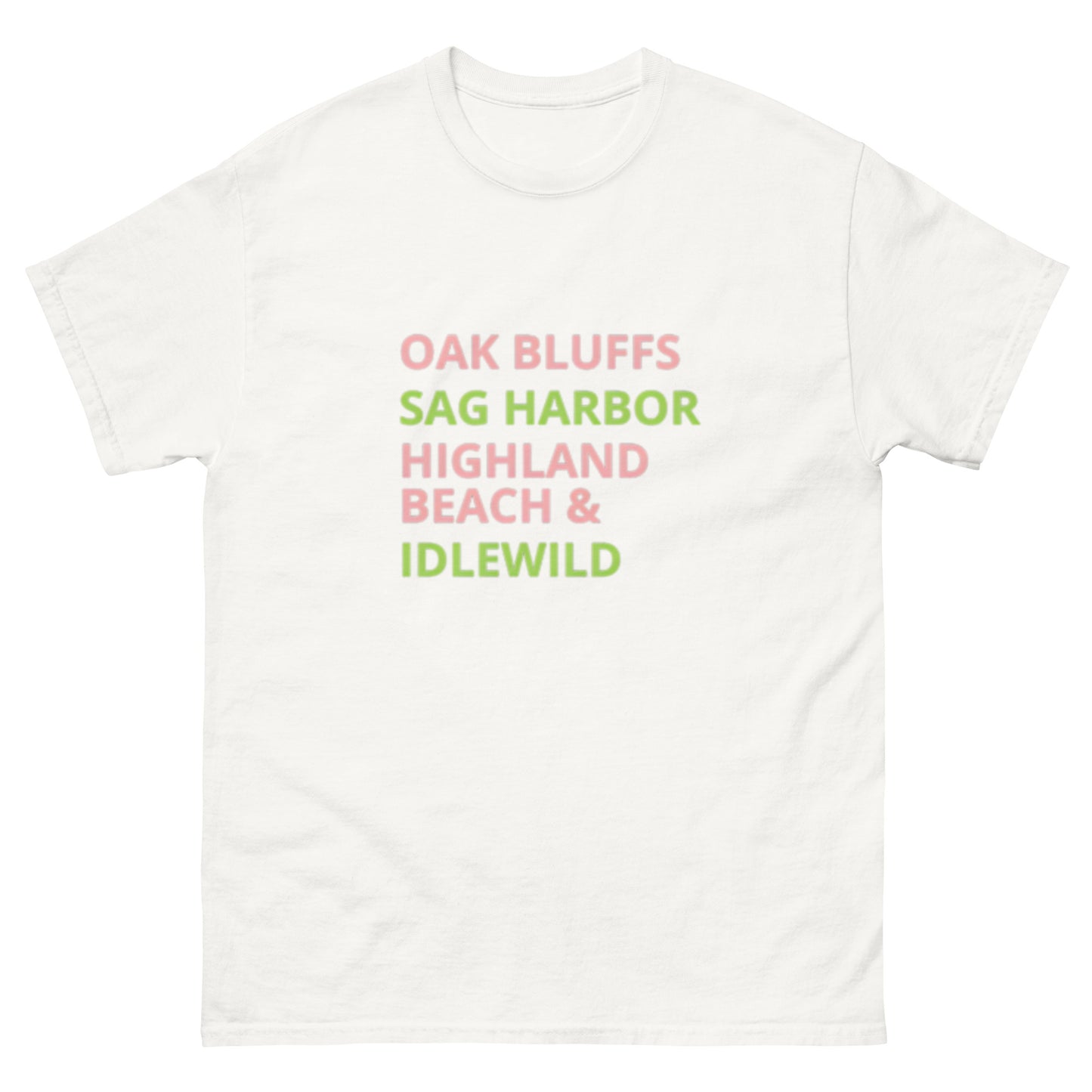 salmon pink and apple green letters on white t-shirt