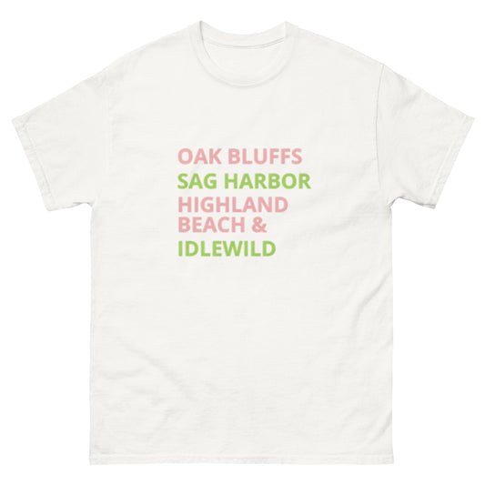 salmon pink and apple green letters on white t-shirt