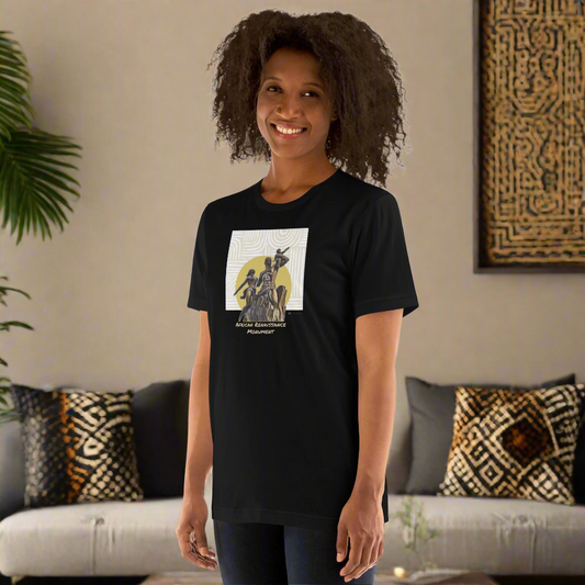 Person wearing a black t-shirt with a graphic design on a white background