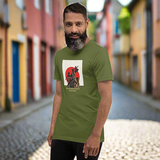 Man wearing a green t-shirt with a graphic design on a street background