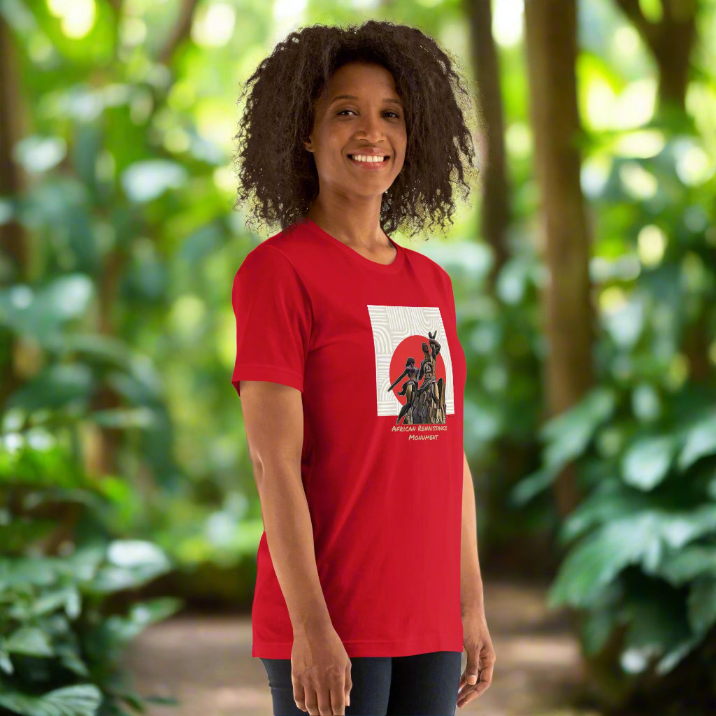 Person wearing a red t-shirt with a graphic design on a white background