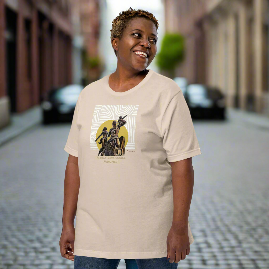woman wearing tan t-shirt with design