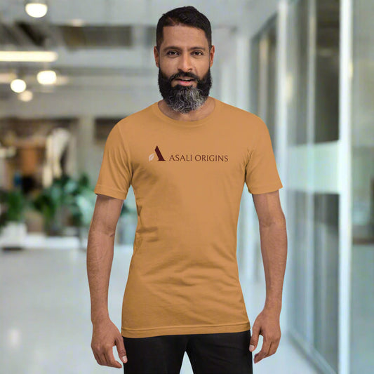 Man wearing a mustard yellow t-shirt with 'Asali Origins' logo on a white background
