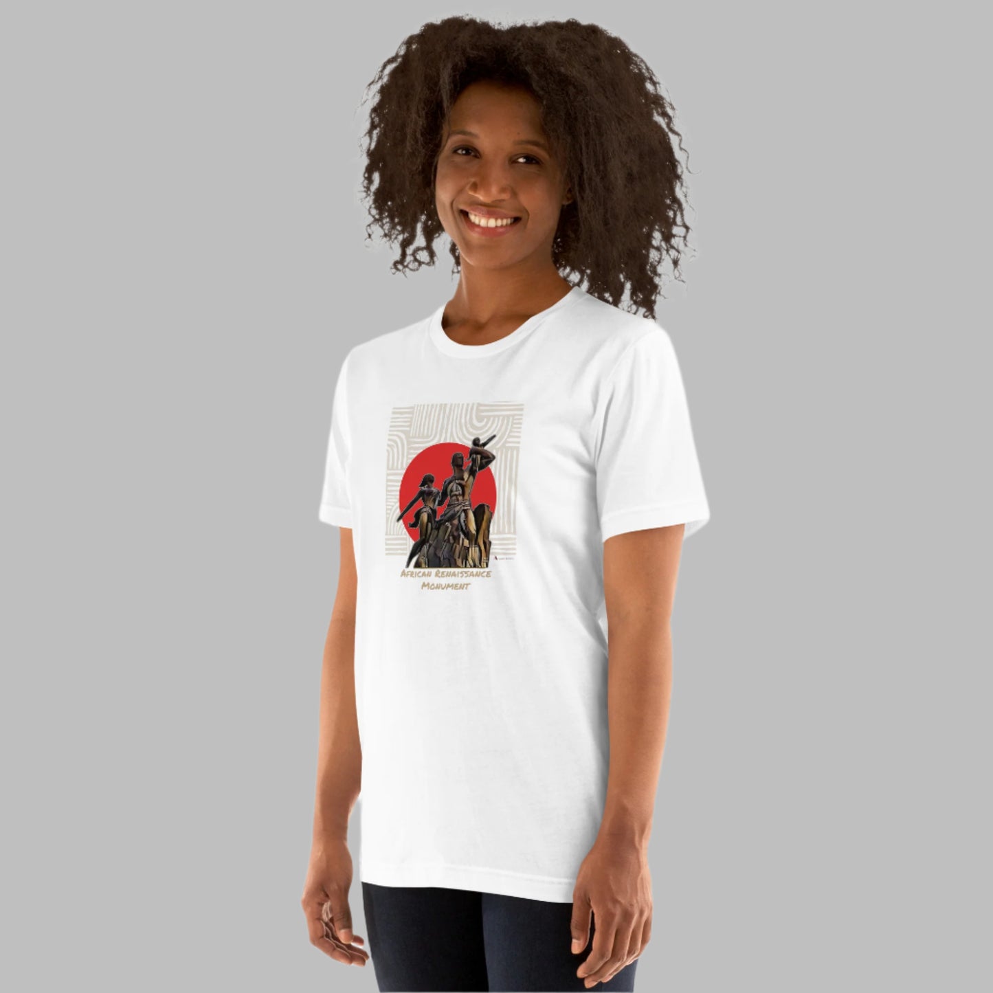 Woman wearing a white t-shirt with a graphic design on a white background