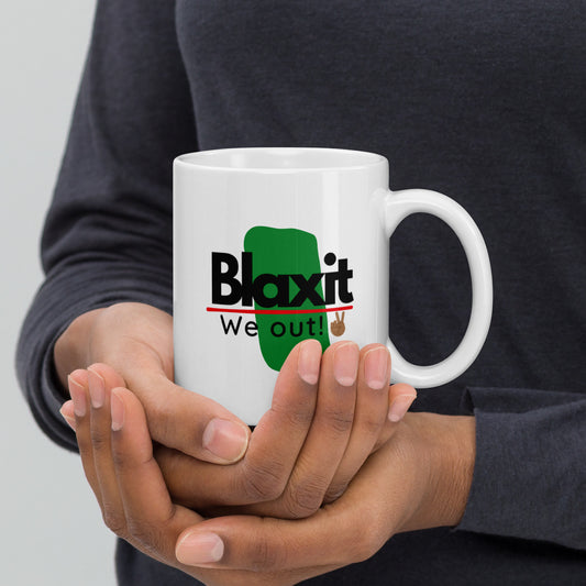 Hands holding bottom of Blaxit We Out Peace Fingers white mug by Asali Origins